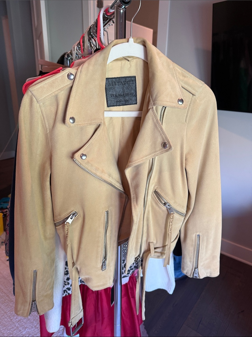 AllSaints Tan Suede Moto Jacket with Zip Details